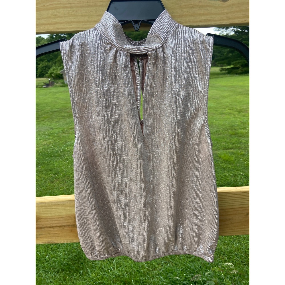 Express Metallic Champagne Plisse Mock Neck Keyhole Blouse Small Champagne Gold